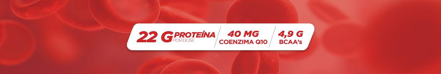 Tabela com 22g proteína, 40mg coenzima Q10 e 4,9g BCAA